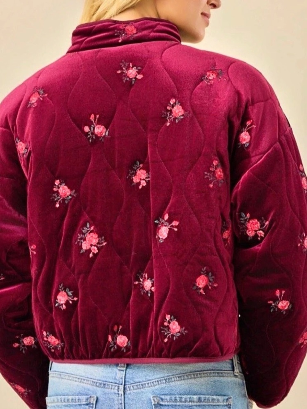 Altar’d State Velvet Floral Quilted Jacket in Burgundy Size XS NWT - Picture 5 of 7